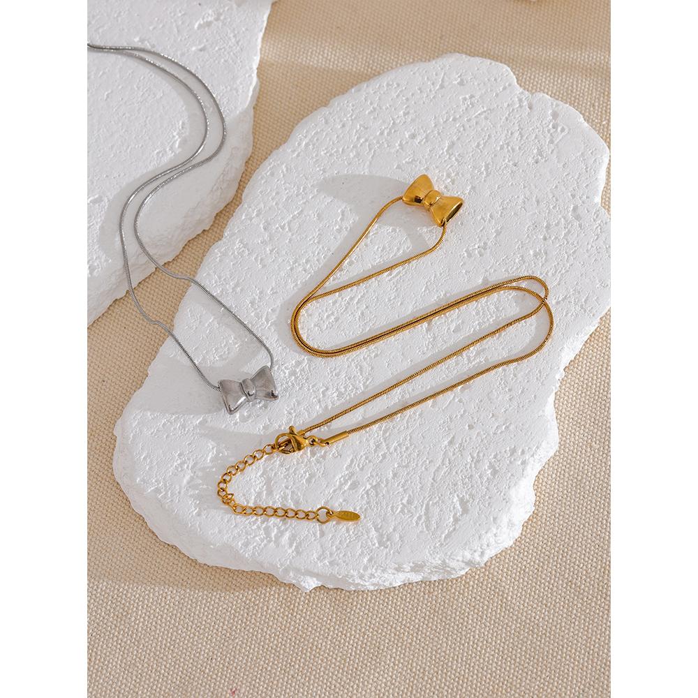 Yhpup Stainless Steel Cast Fashion Bow Knot Pendant Crossover Chain High Quality Textured Necklace Waterproof Trendy Jewelry