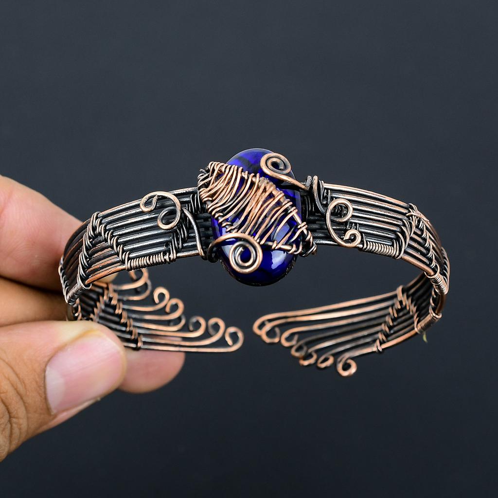 Натуральный синий огненный лабрадорит, драгоценный камень, браслет из медной проволоки, регулируемый O7e47