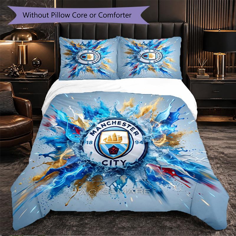 Manchester City Pattern 3 Pieces Bedding Set Soft Microfiber Duvet Cover with Pillow Cases for Bedroom
