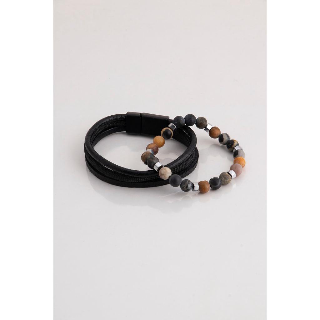Мужской комбинированный браслет из черной натуральной кожи и гематита из натурального камня 001