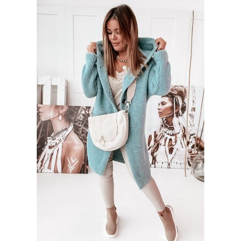 Женский модный однотонный вязаный кардиган с капюшоном - повседневный, с длинным рукавом и пуговицами, ткань высокой эластичности, идеально подходит для осени и зимы