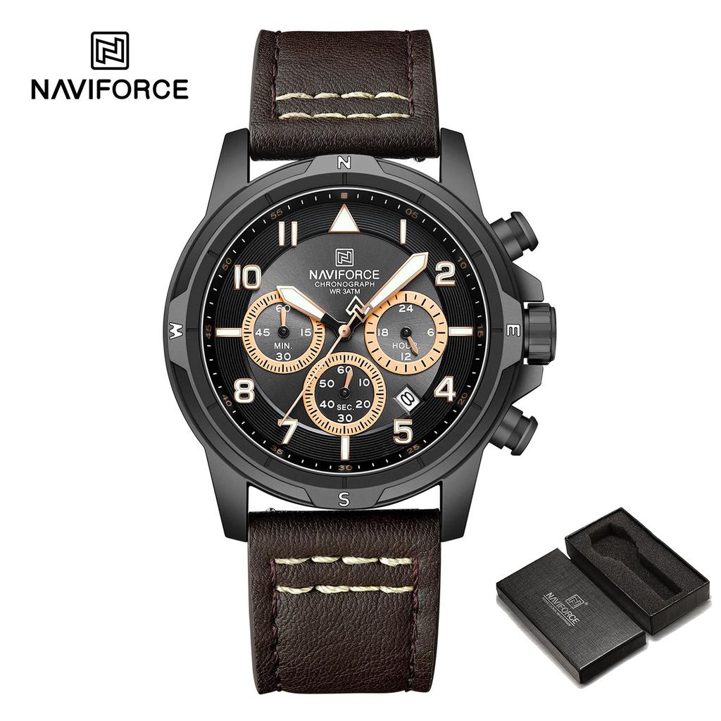 Naviforce Оригинальные мужские кварцевые часы Хронограф Мини-циферблат Календарь Дата Кожаный ремешок Светящиеся стрелки Водонепроницаемость 30м Мужские часы Подарок NF8077