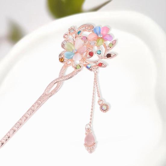 Women Hair Stick Chinese Style Vintage Colorful Rhinestone Flower Decor Tassel Hollow Out Exquisite Stainless Alloy Lightweight Hair Fork Hanfu