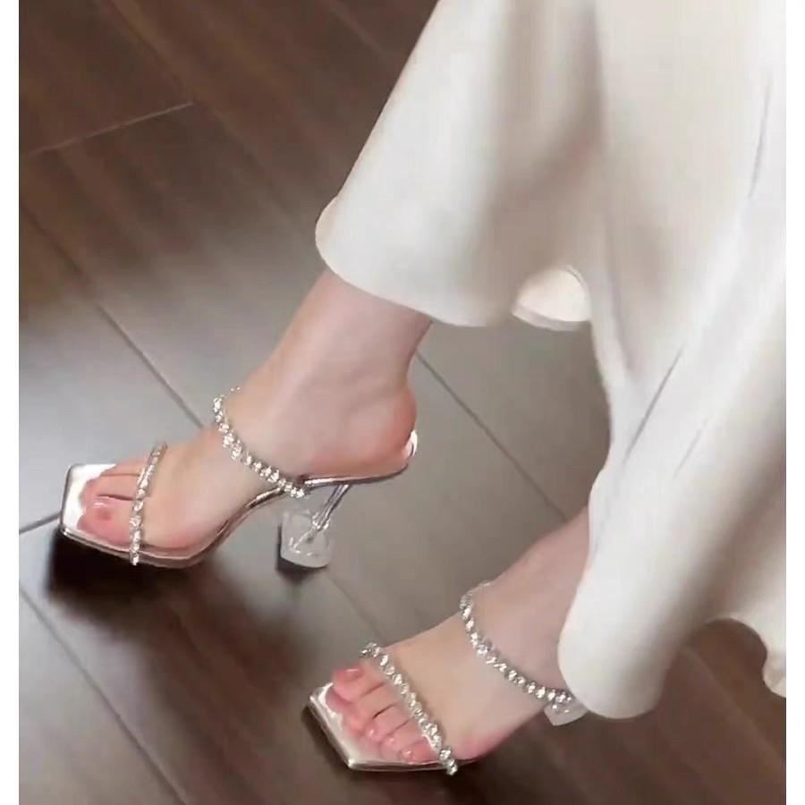 2025 новые прозрачные босоножки на высоком каблуке со стразами для лета для женщин с квадратным носком, сексуальные тонкие каблуки со стразами, высокие каблуки