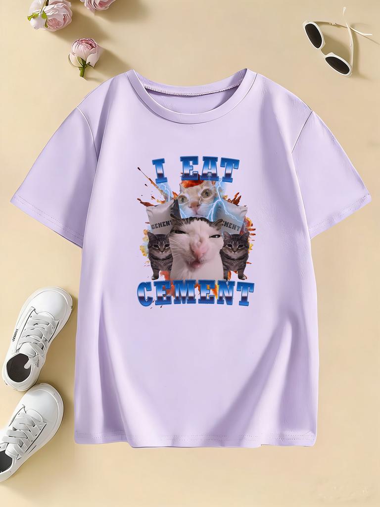 Japanese Style i Eat Cement Cat T Shirts Manga Kids Childrens Tshirt Hoody for Boys Girls Summer Spring Casual Top Tee