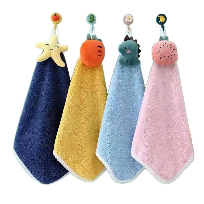 Hand Towel 4pcs Hanging Towel Cartoon Pure Coral Fleece Cloth Double-Sided Water Absorption Hanging Kitchen Towel