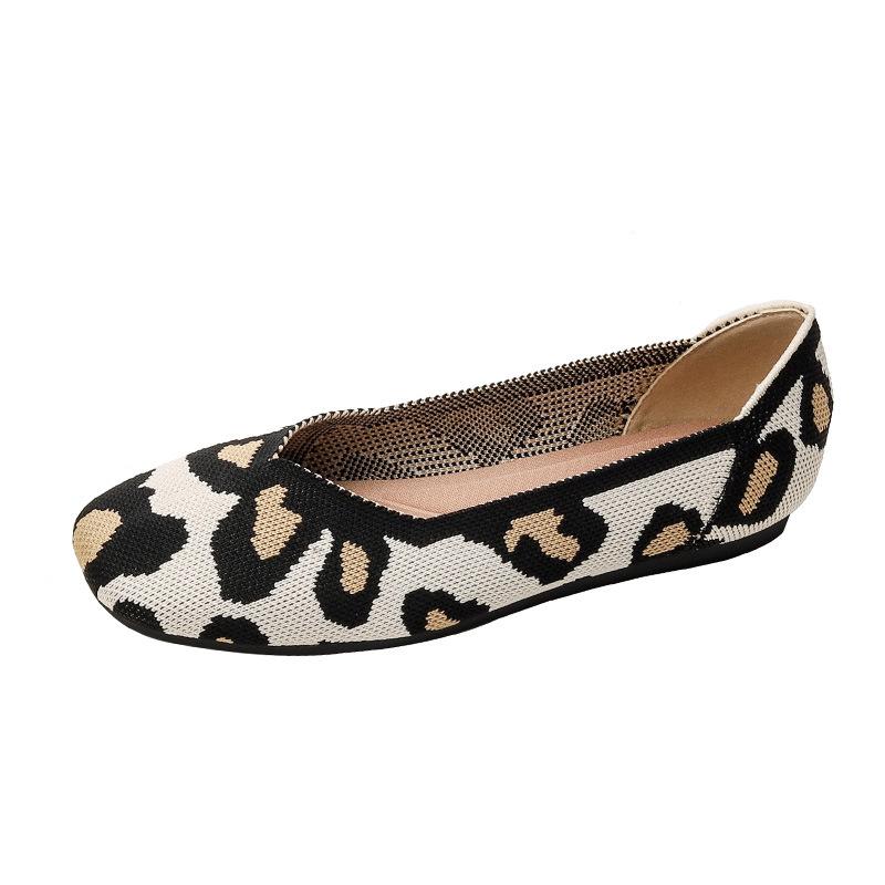 Square Toe Shallow Mouth Fabric Flat Bottom Women's Leopard Knitted Soft Bottom Large Shoes Size 34-43