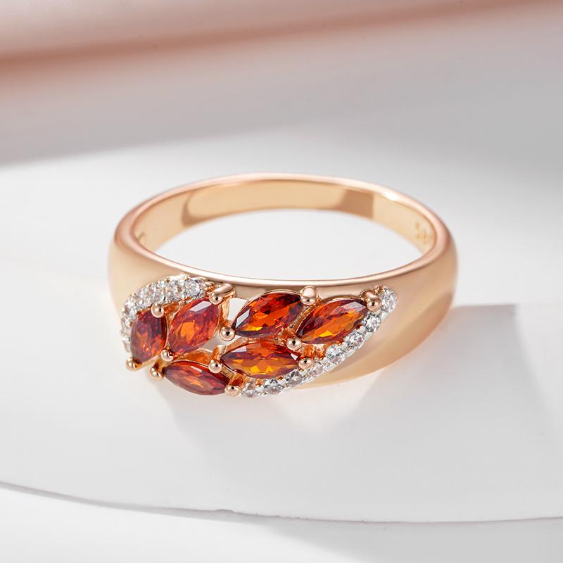 Кольцо Kinel Red Zircon Flower для женщин из розового золота, роскошные ювелирные изделия, свадебное праздничное кольцо, подарок