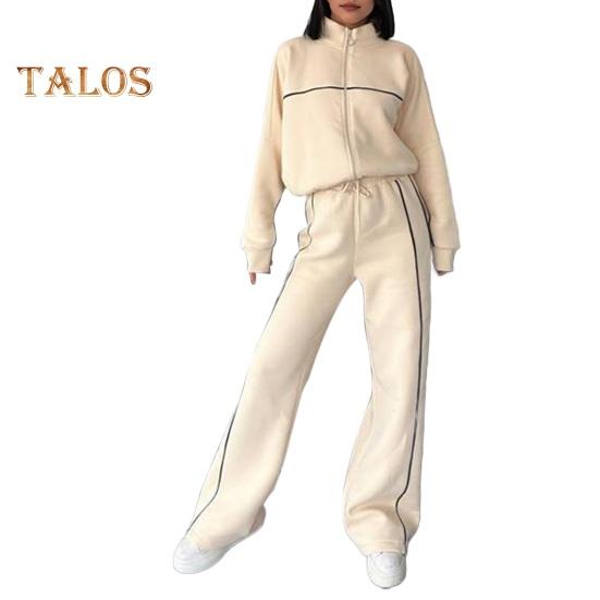 Женский комплект из 2 предметов: пальто и брюки, полувысокий воротник, застежка-молния, длинный рукав, эластичный пояс, широкие брюки, карманы, зимний повседневный спортивный костюм