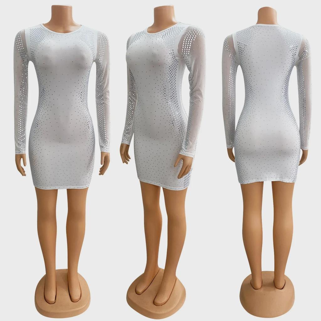 Z2205 Женское сексуальное сетчатое платье с длинными рукавами и бриллиантами для осени и зимы
