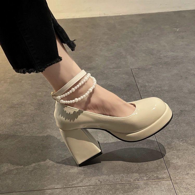 French Mary Jane Shoes Women's Spring 2024 New Pearl Bow Thick Heel High Heel Sandals Fairy Style Small Leather Shoes