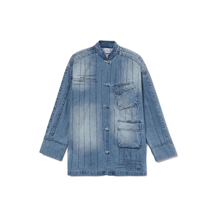 Li Ning CF Woven Button Asymmetrical Pocket Loose Wash Denim Jacket Men Jacket Blue AJDR529-1