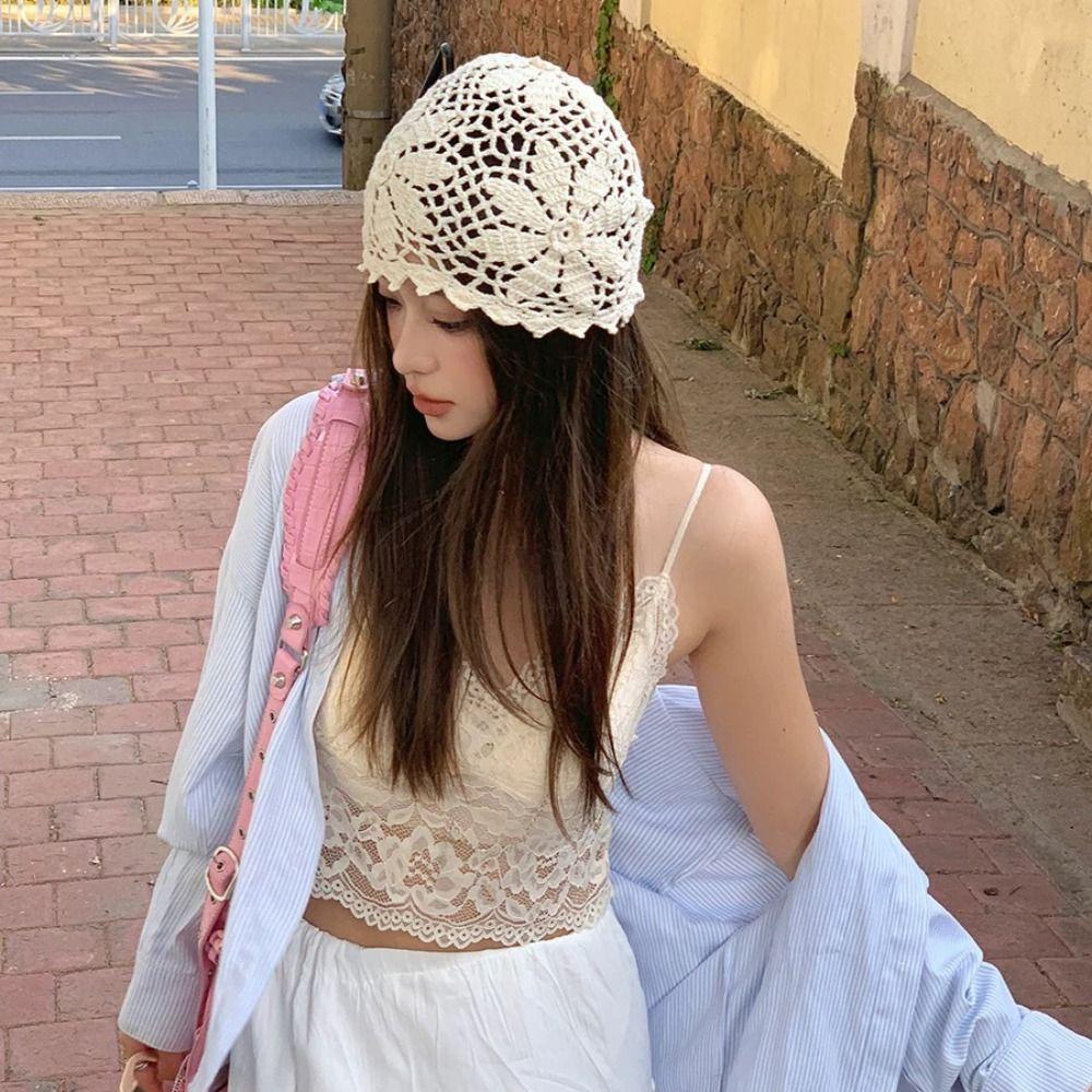 Thin Crochet Flower Hat Bohemian Style Hollow Out Knitted Hat Cute Weave Cap  Spring and Summer