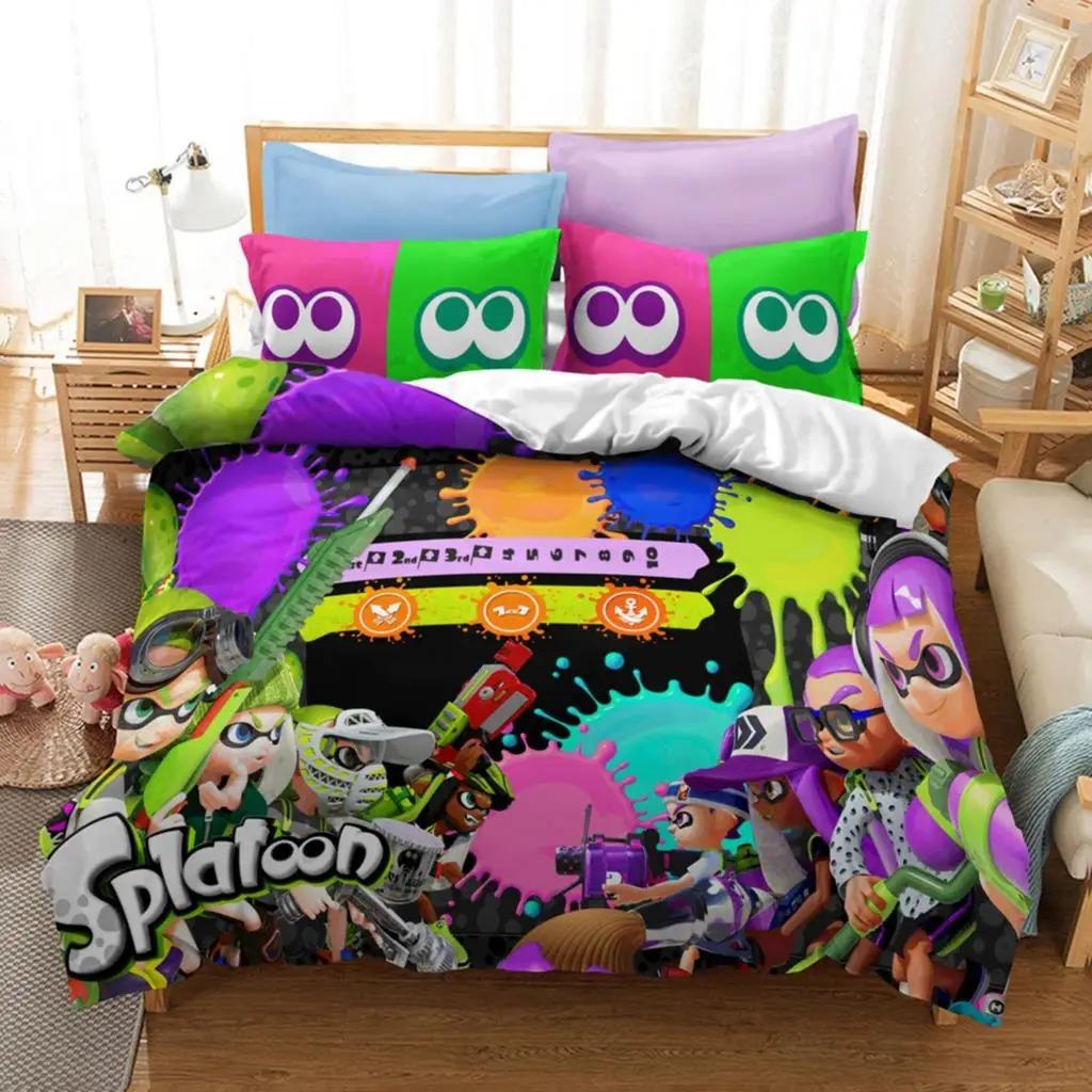 Популярный комплект постельного белья с принтом игры Splatoon 2, 3D-мультяшный комплект пододеяльников, наволочка для подушки, двуспальная кровать размера Queen, комплект постельного белья размера King Size