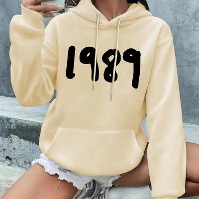 1989 однотонный пуловер с капюшоном и завязками с принтом, пуловер с карманом-кенгуру, активная толстовка с капюшоном, женские толстовки