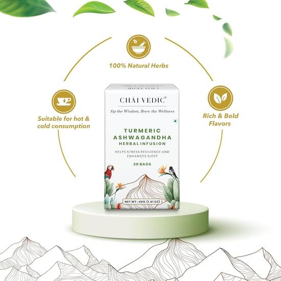 Chai Vedic Tea | Ashwagandha Tea | Herbal Tea | Turmeric | Infusion Tea | 40 Tea Bags | Tea Powder