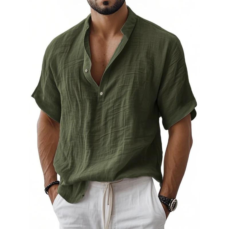 Men's Short Sleeve Linen Blend Shirt, Loose Fit Solid Color Mandarin Collar Pullover Shirt, Breathable Casual Top