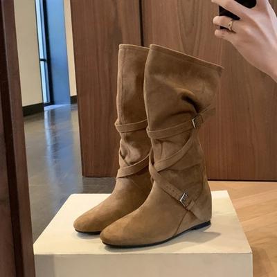 Осень Зима Женские Ковбойские Сапоги в Западном Стиле Модные Мягкие Плиссированные Туфли Женские Лаконичные На Внутренней Платформе Длинные Ботильоны