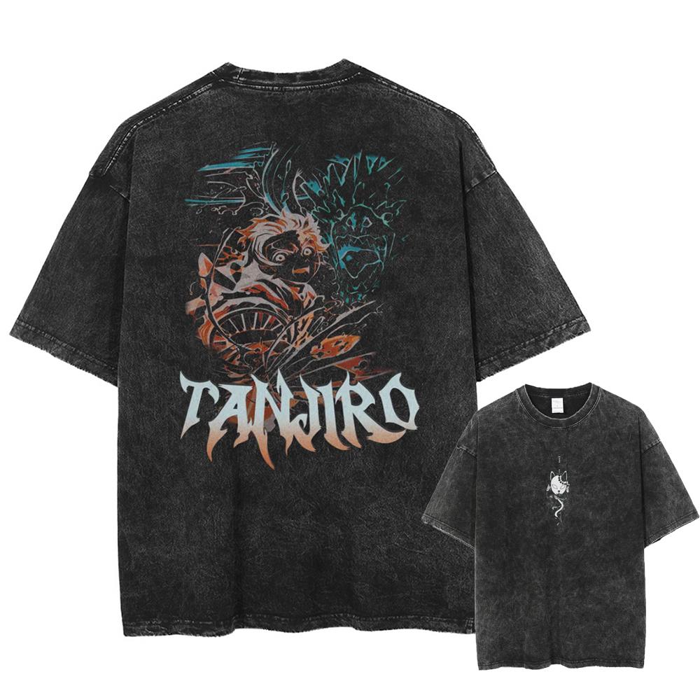 Летние футболки Demon Slayer Харадзюку для мужчин с принтом, винтажной стирки, женские оверсайз, с коротким рукавом, уличная одежда, топы