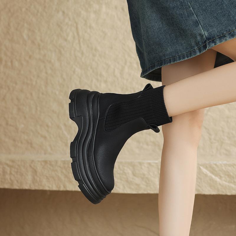 Короткие сапоги на платформе женские осень-зима 2024 новые британские ветровки шерстяные сапоги маффин-ботфорты маленькие эластичные сапоги