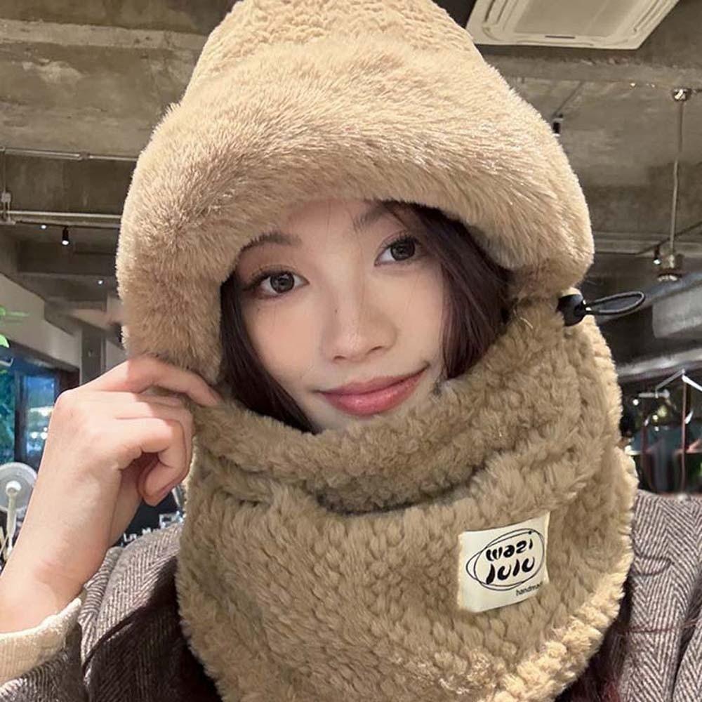 4 in 1 Winter Integrated Scarf Cap Plush Pullover Mask Cap Balaclava Hat Mask Woolen Hat Women