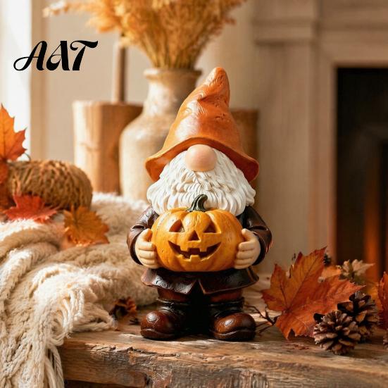 Halloween Gnome Statue Garden Statue, Faceless Holding Pumpkin Sculpture, Decorative for Porch Waterproof Resin Yard Autumn Decor
