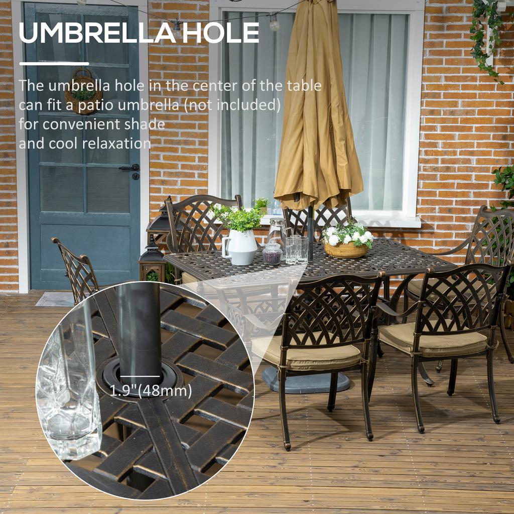 7 PCs Garden Patio Dining Set with Parasol Hole, Cast Aluminium Outdoor Furniture Set with Six Cushioned Chairs and Rectangle Dining Table