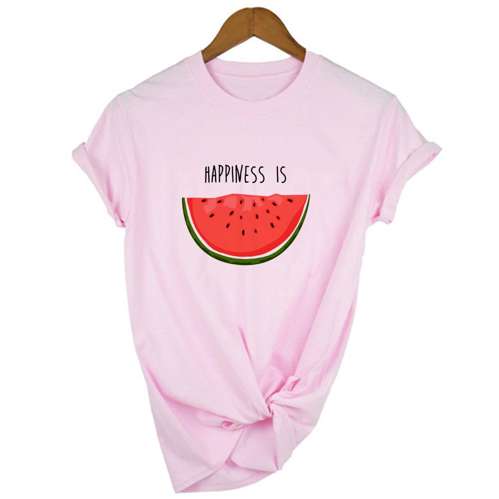 Happiness Is Watermelon Print Summer Women S T Shirt Casual Female Short Sleeve Round Neck T