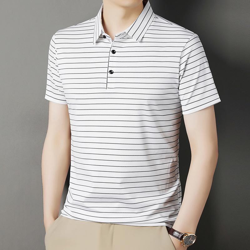 Футболка с коротким рукавом из шелка Mulberry, дышащая мужская полосатая рубашка поло с лацканами, деловой топ с коротким рукавом
