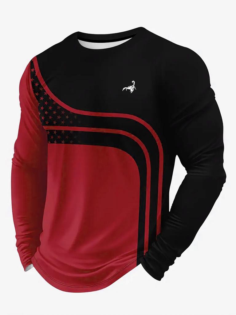 Casual 3D Digital Printed Contrasting Pattern Men's Round Neck Long Sleeved T-shirt for Comfortable Outdoor Wear In Spring and Autumn