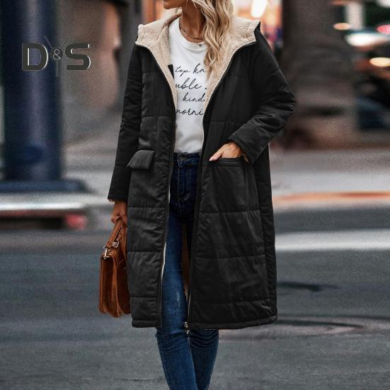 Women Winter Splicing Long Coat Hooded Long Sleeve Fleece Lining Outwear Zipper Placket Pockets Double Sided Wear Long Down Jacket