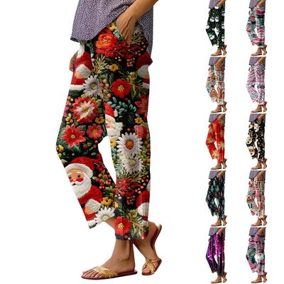 Женские модные повседневные брюки с прямыми карманами и эластичной талией с рождественским принтом