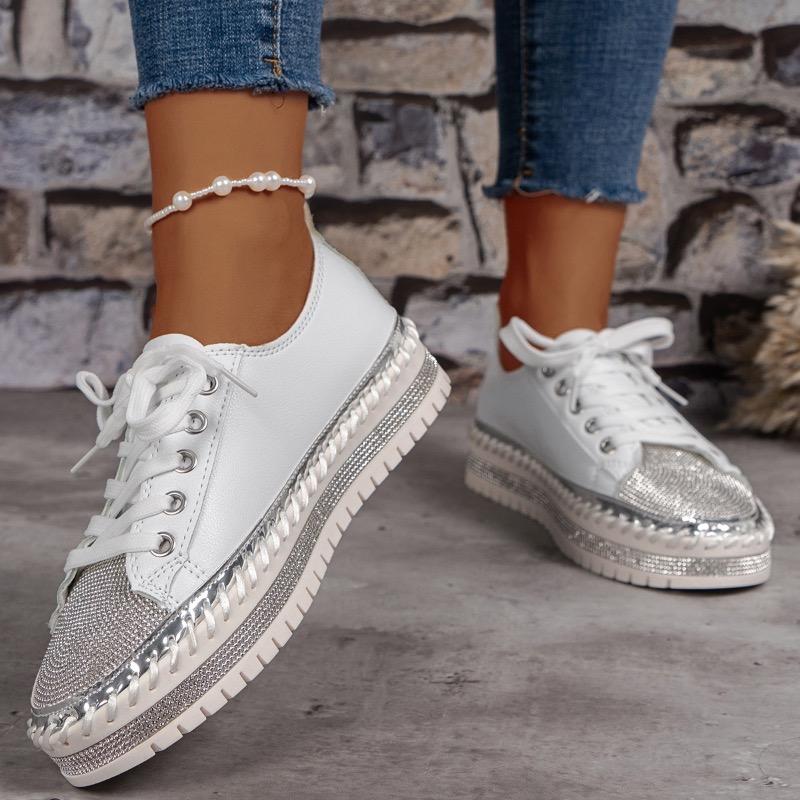 Women Sneaker Luxury Rhinestone Crystal Lady Shoes Fashion Platform Leather Casual Shoes for Women Lace Up Loafers Zapatos Mujer
