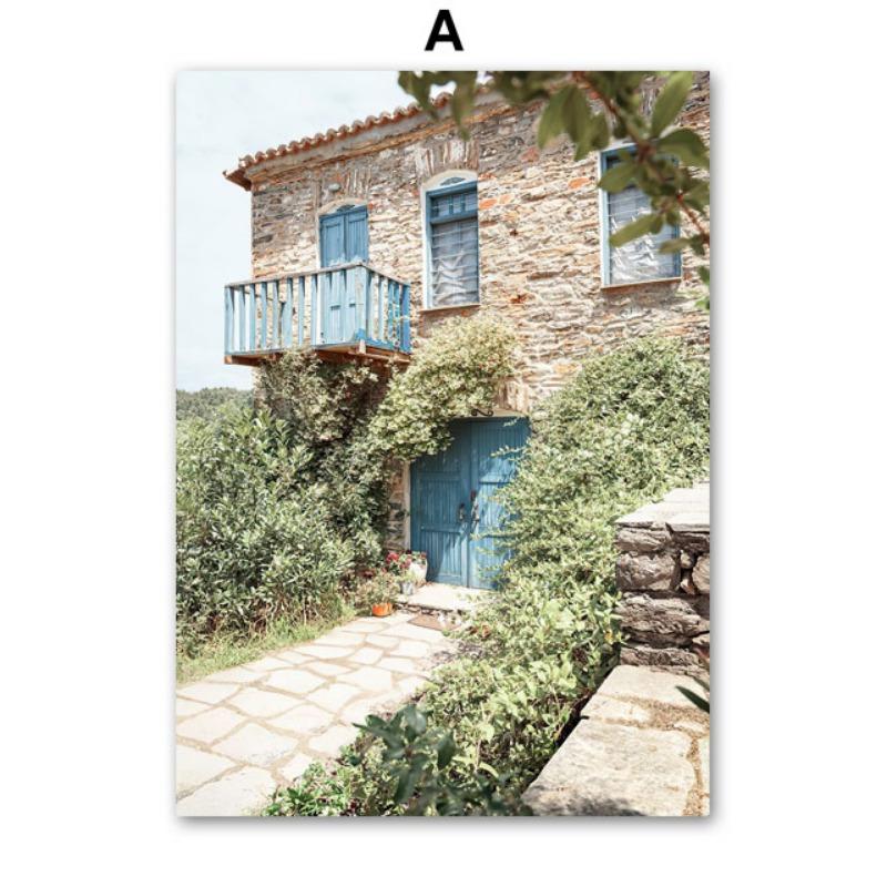 Santorini House Lemon Coffee Landscape Retro Wall Art Canvas Painting Posters & Prints Hotel Cafe Pictures For Living Room Decor