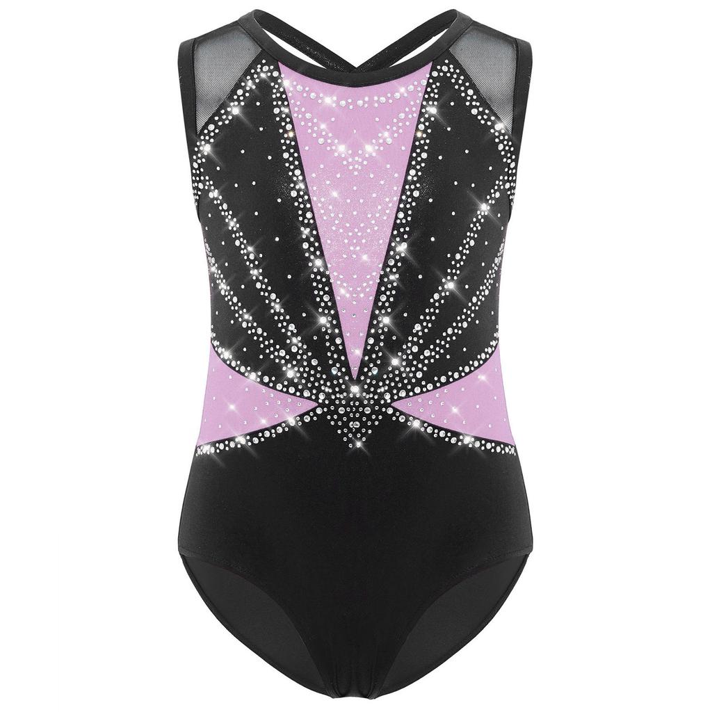 Детский купальник для девочек с перекрещивающимися бретелями на спине, без рукавов, с круглым вырезом, блестящими стразами, металлический танцевальный костюм