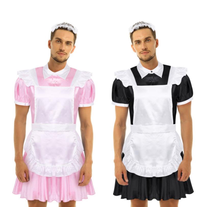 Men Sissy Maid Cosplay Outfit Puff Sleeve Front Button Down Dress with Apron and Headband