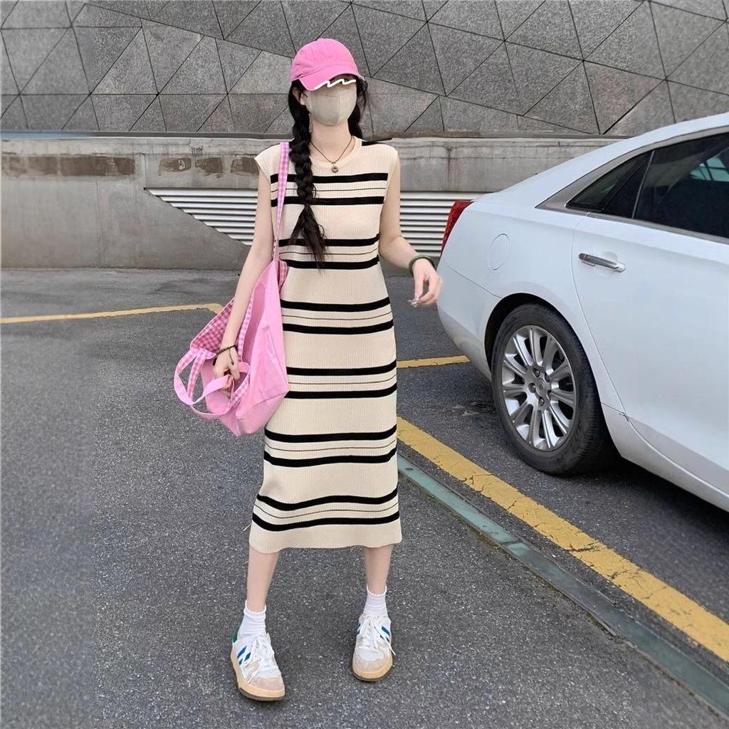 Casual Striped Sleeveless Ice Silk Midi Dress