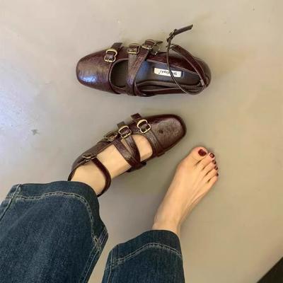 2025 новая летняя женская обувь ретро увеличение внутренней высоты квадратный носок неглубокий вырез туфли Мэри Джейн женский дизайн чувство крест Doudou обувь