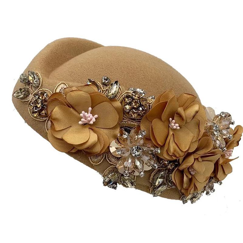 1PC Turban Hat Church Stewardess Hat Party Beanie Cap With Flower Beret Caps Vintage Felt Soft Airline Women