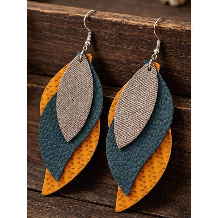 1 Pair Creative Multi-Layer S-Shaped Leaf Leather Earrings, Vintage 3-Layer PU Leather Earrings For Women, Gift Earrings