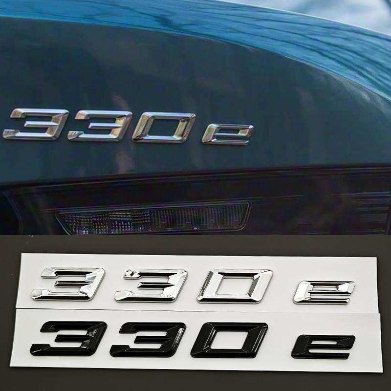 AAAOM1 NEW 3D ABS Chrome Black Car Letters Logo 330e Rear Trunk Badge Emblem Decals For BMW 330e G20 G21 F30 F31 Exterior Accessories