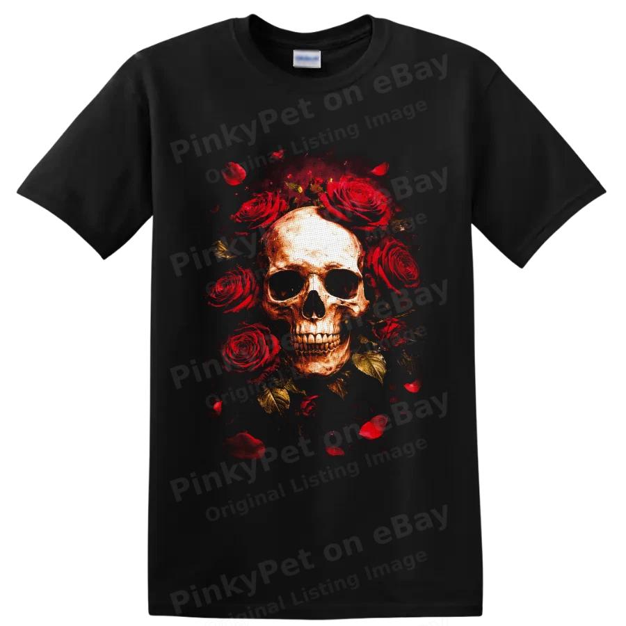 Skull Rose Gothic T Shirt Red Floral Dark Art Halloween Horror Graphic Tee Gift