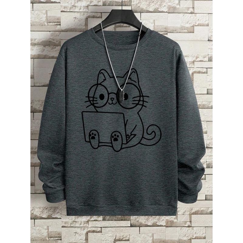 Мужская толстовка с принтом «Джентльмен Кот на работе» в стиле хип-хоп, свободная толстовка с капюшоном, осенняя толстовка с капюшоном, модный уличный свитер с круглым вырезом и длинными рукавами для мужчин