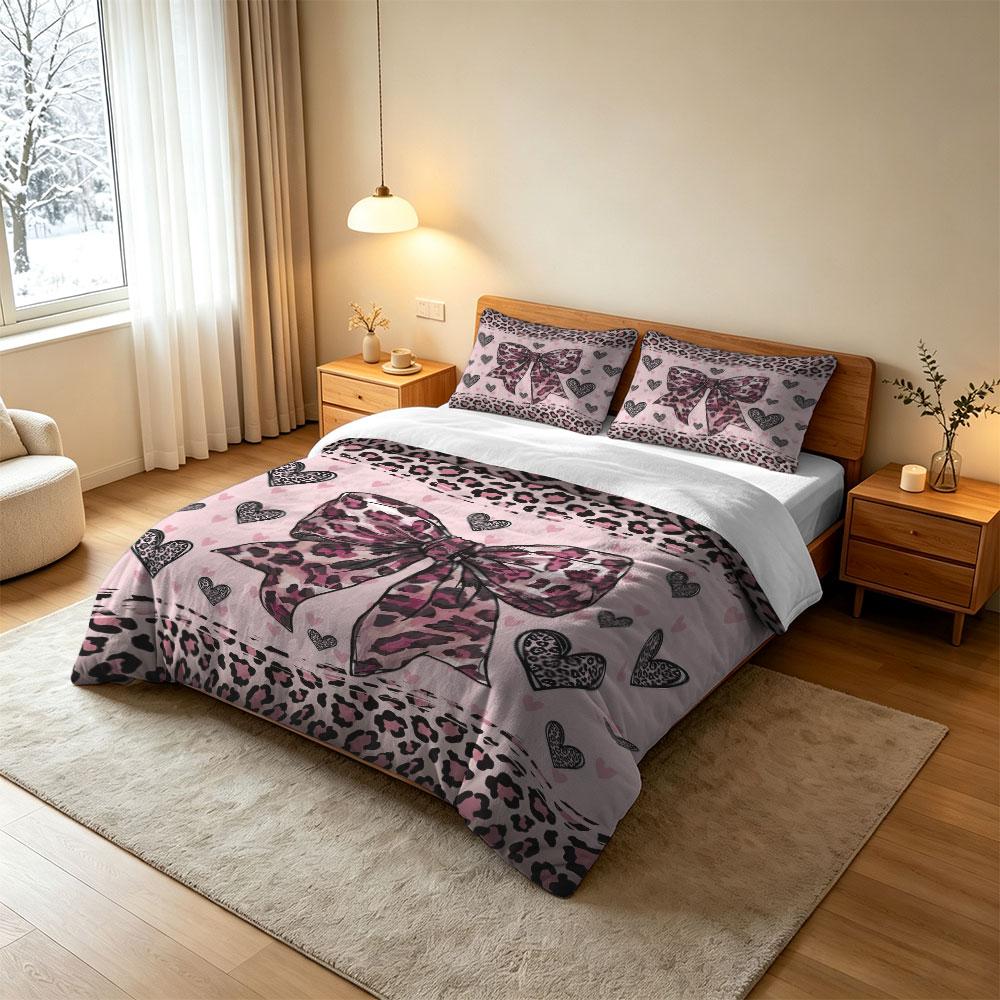 3PCS Pink Leopard Print Bow Heart Milk Velvet Bedding Set Soft Warm Winter Unfilled 1 Duvet Cover 2 Pillowcases Bedroom Home