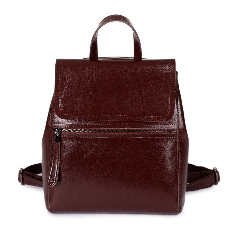 Johnature Genuine Leather Backpack Women Bag Fashion Oil Wax Cowhide Solid Color Schoolbag Leisure Outdoor Travel Bags