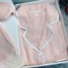 Spring Autumn New Ice Silk Soft Pajama Sets for Women Lace Lapel Cardigan Outfits for Women 2 Piece Set Sweet Pink Women Pajama