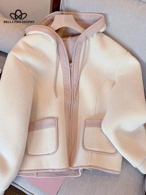 Женская осенне-зимняя новая контрастная куртка с капюшоном и длинными рукавами из овечьей шерсти с двумя карманами, модная куртка, пальто, женская модная одежда