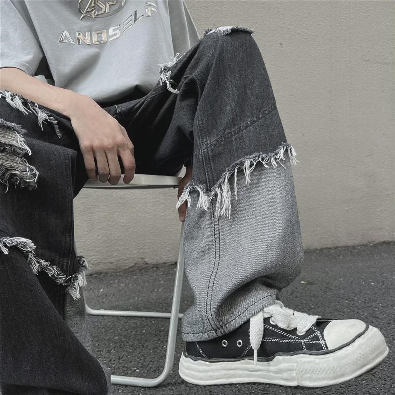 Men's Trendy Harajuku Tassel Jeans - Loose Fit, Raw Edge, Hip-Hop Style with Contrast Color Straight Pants