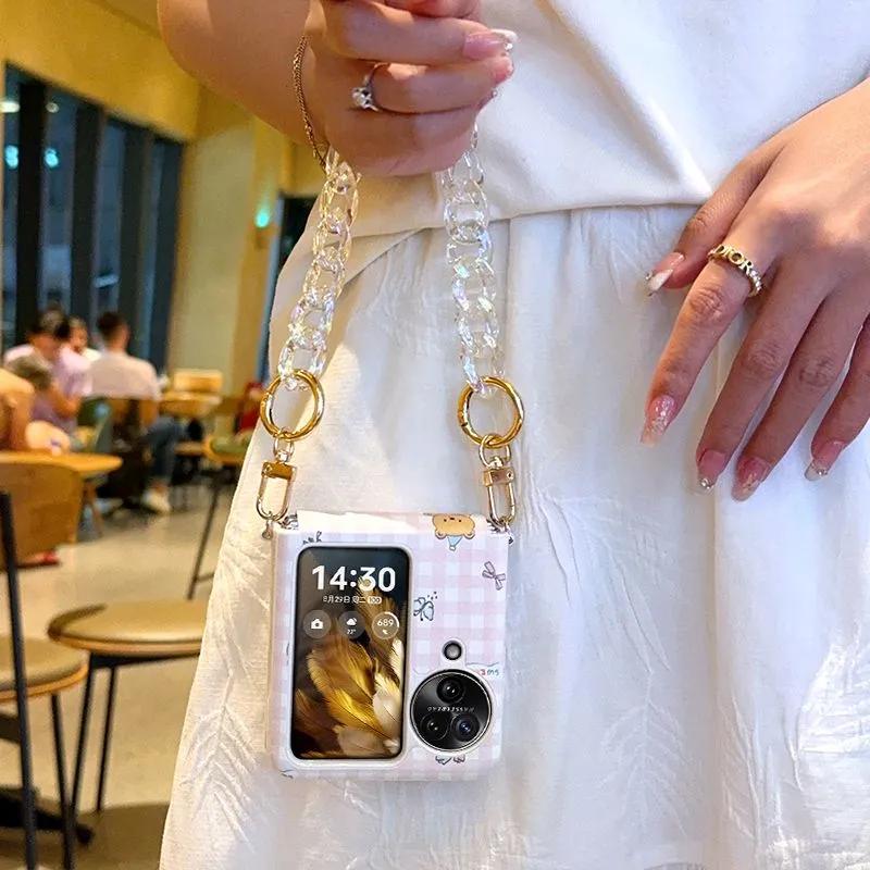 Cute Pink Plaid Foldable Phone Case Leather Cover With Crystal Chain For Samsung Z Flip6 Z Flip5 Z Flip4 Xiaomi Mix Flip Huawei P50 Pocket