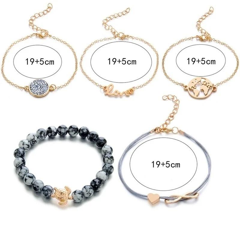 5Pcs/Set Bohemia Handmade Turtle Letter Infinity Love Map Bracelet Set Women Bracelets Set for Women White Rope Chain Bracelet